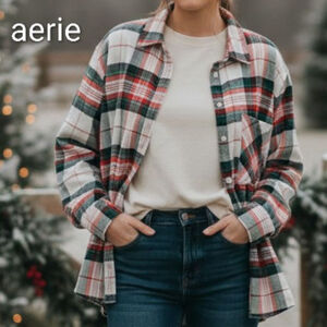 Women's Aerie Plaid Button Down Shirt XL White Red Green Christmas Holiday Cozy